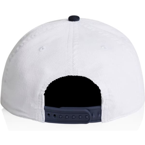 A two-tone cap featuring a white front and a navy blue back, complete with an adjustable strap.