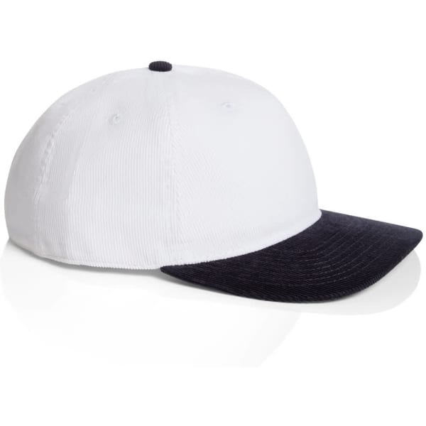 A two-tone cap featuring a white crown and a black brim, with a small logo on the side.