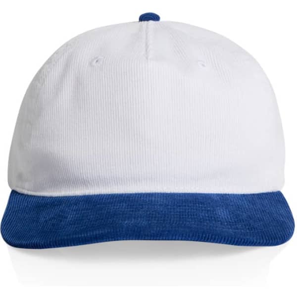 A two-tone cap featuring a white body and a blue corduroy brim, with a logo on the front.