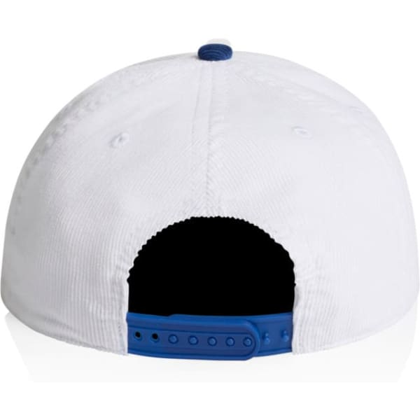 A two-tone cap in white with a blue brim and buttons, featuring an adjustable strap at the back.