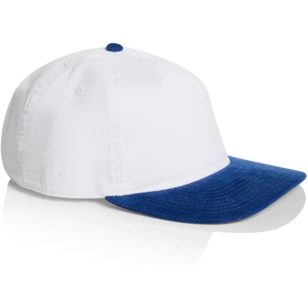 A two-tone cap featuring a white body and a blue corduroy visor, with a logo on the side.