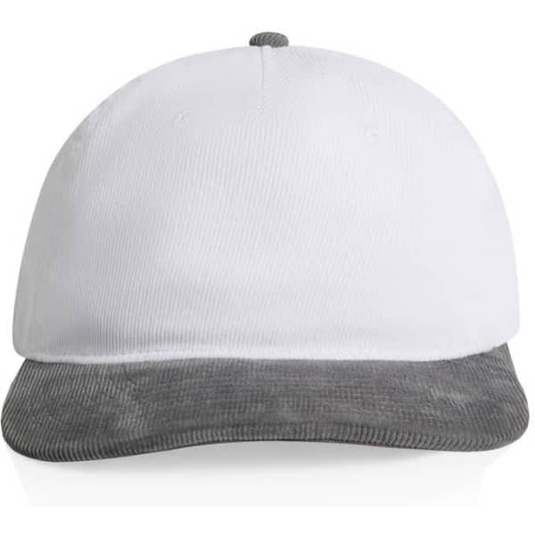 A two-tone cap featuring a white top and a grey corduroy peak, complete with a branding logo.