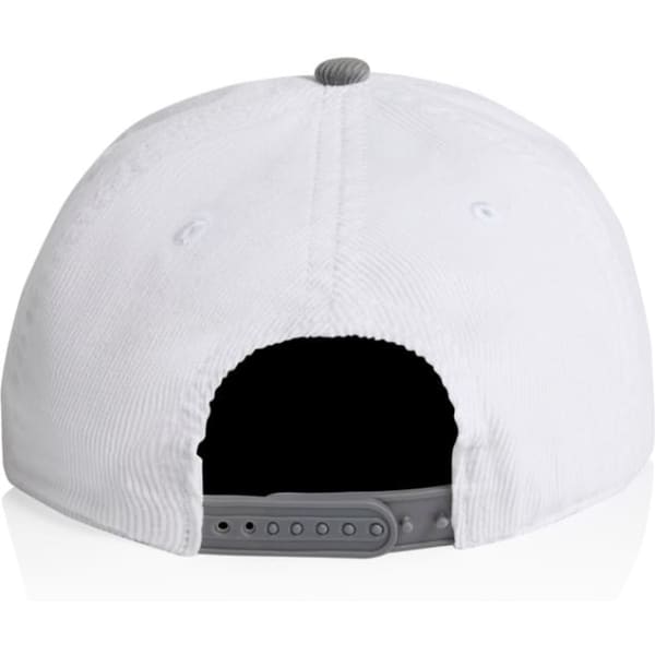 A two-tone cap featuring a white body and grey accents, with an adjustable strap and a logo on the back.