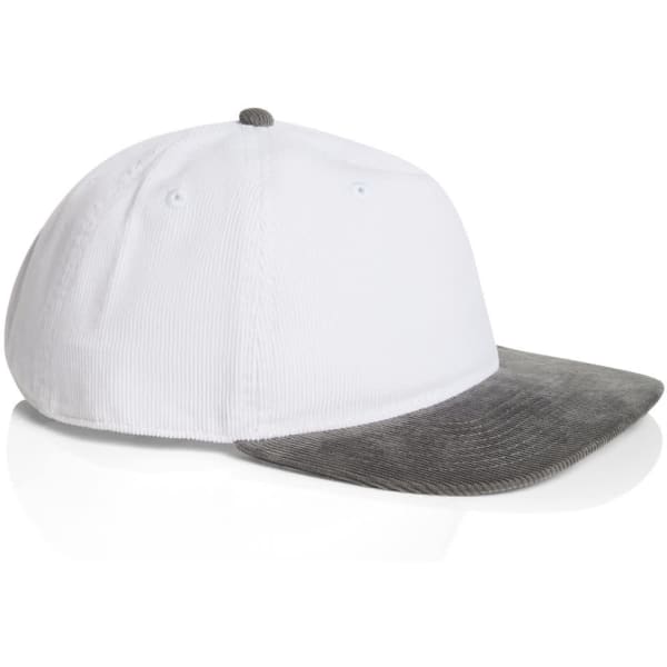 A two-tone cap featuring a white body and grey corduroy peak, with a logo on the side.