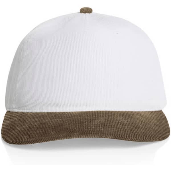 A two-tone cap featuring a white upper and a brown corduroy brim, with a logo on the front.