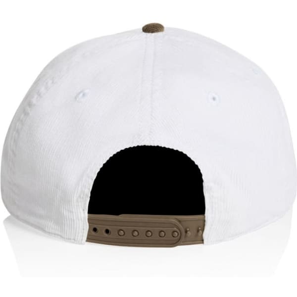A two-tone cap featuring a white body and a brown adjustable strap at the back, with a logo present.