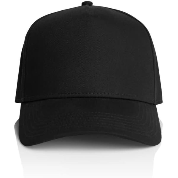 A black cap with a structured front and curved brim, featuring a logo on the front.
