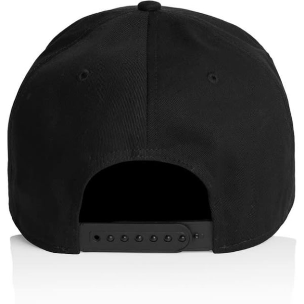 A black cap featuring a snapback closure and a plain design with no visible branding.