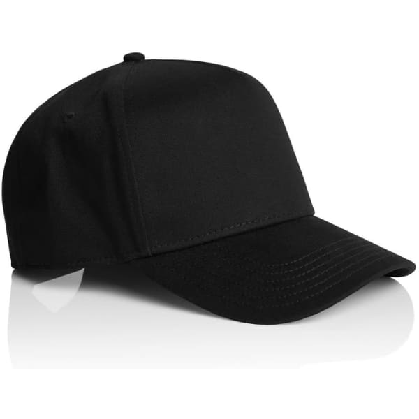 A black cap featuring a structured design and a curved brim, with an area for branding.