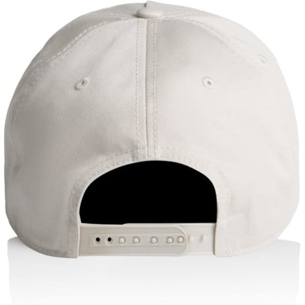 A white cap with a black underside, featuring a strap at the back and a logo.