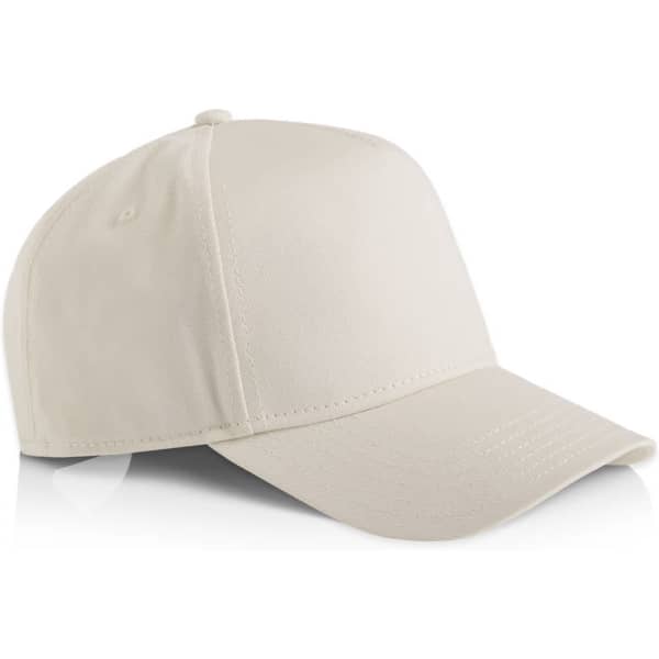 A beige cap featuring a curved brim and a fitted design, with a logo on the front.