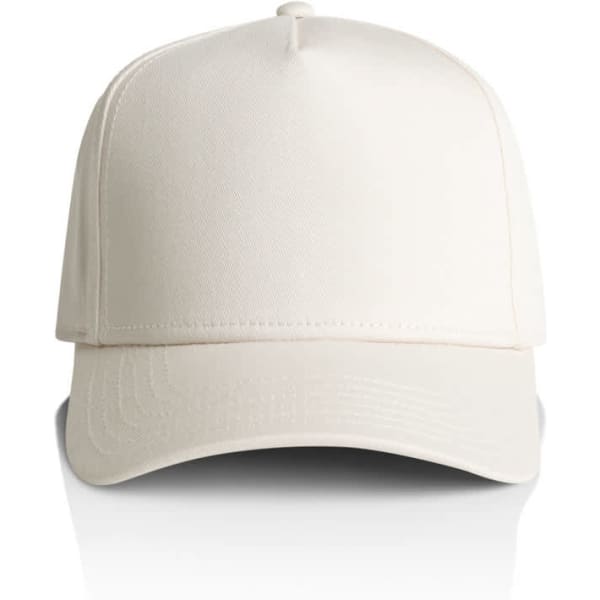A cream-coloured cap with a curved brim and a logo on the front.