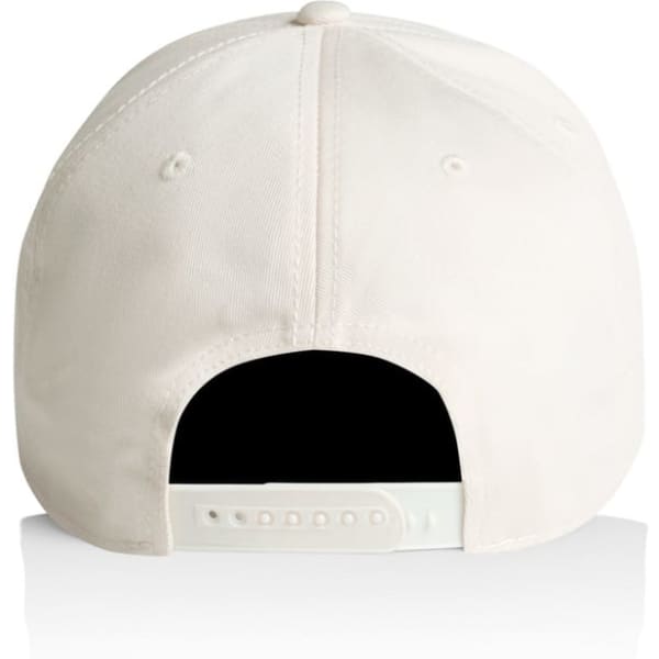 A white cap with a black underside, featuring a logo on the back.
