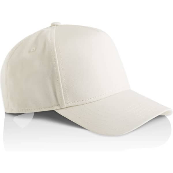 A beige cap with a curved brim and a structured design, featuring a logo on the front.