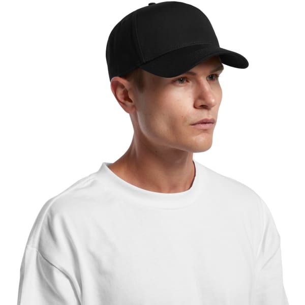 A black cap displayed on a model wearing a white T-shirt, featuring a logo on the front.