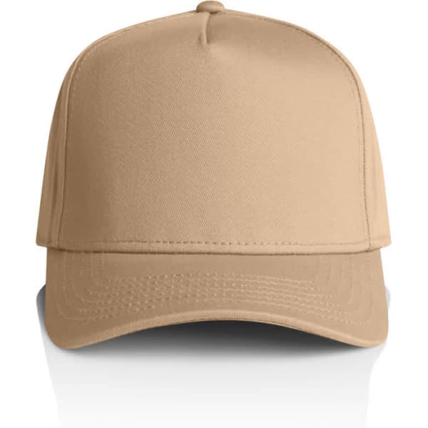 A beige cap with a structured design and a curved brim, featuring a logo on the front.