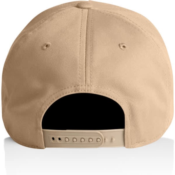 A tan cap featuring a snapback closure at the rear and a smooth, minimalist design.