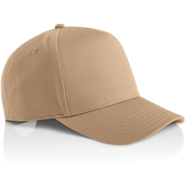 A beige cap with a curved brim and a decorative logo on the front.