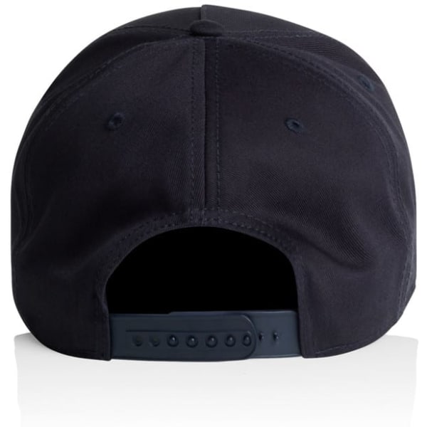 A navy cap featuring a fitted style and an adjustable strap at the back. It includes a branding logo.