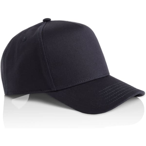 A dark navy cap with a structured design and curved peak, featuring a logo on the front.