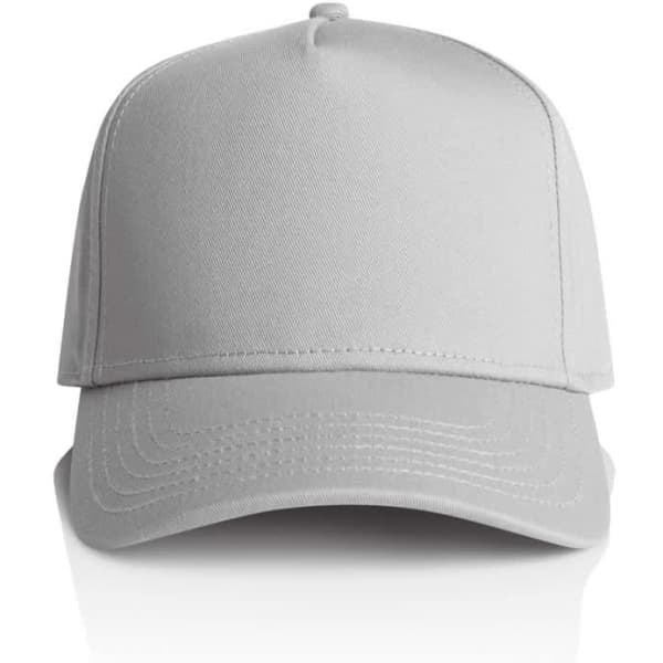 A grey cap with a structured design and a curved brim, featuring a logo on the front.