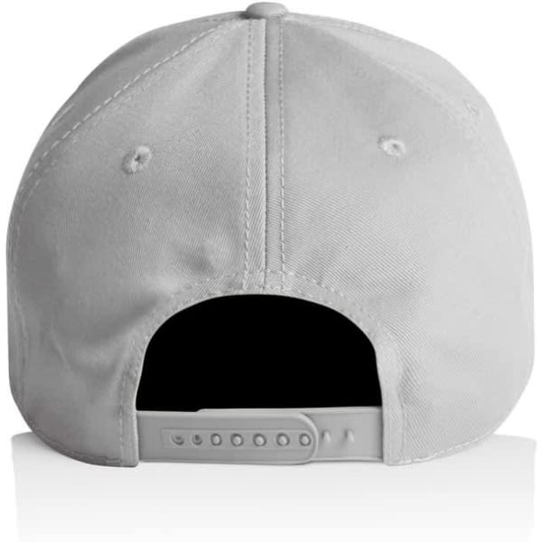 A grey cap featuring a rear adjustable strap and a logo on the back.