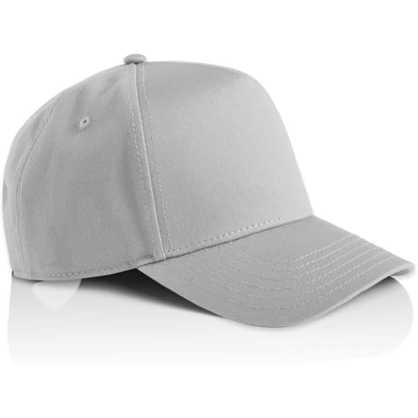 A grey cap with a structured design and a curved brim. It features a branding logo.