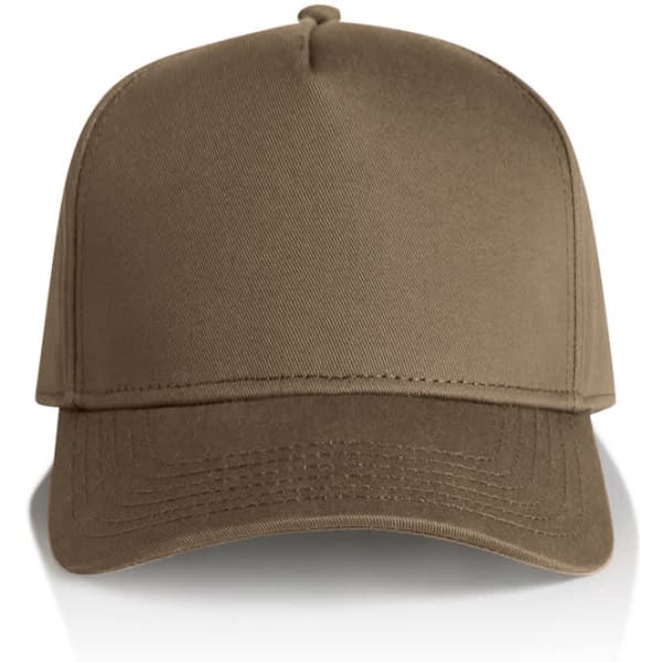 A brown cap with a structured front and adjustable strap at the back, featuring a logo on the side.