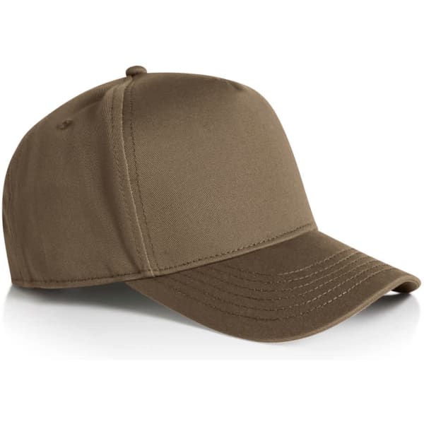 A brown cap with a structured design and a curved brim. It features a logo on the side.