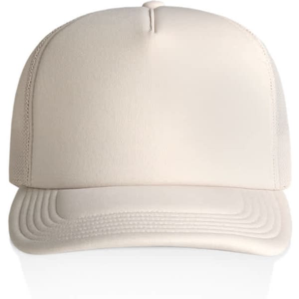 A cream-coloured trucker cap featuring a smooth front panel and a mesh back, including a logo.