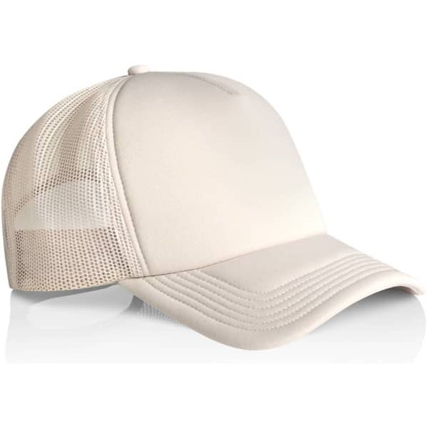 A beige foam trucker cap with a solid front and mesh back, featuring a logo on the front.