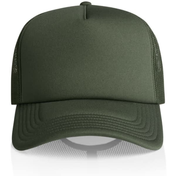 A green Frame Foam Trucker Cap with a plain design and mesh back. Features a logo on the front.