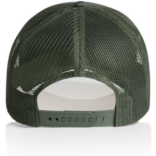 A green foam trucker cap featuring a mesh back and an adjustable strap.