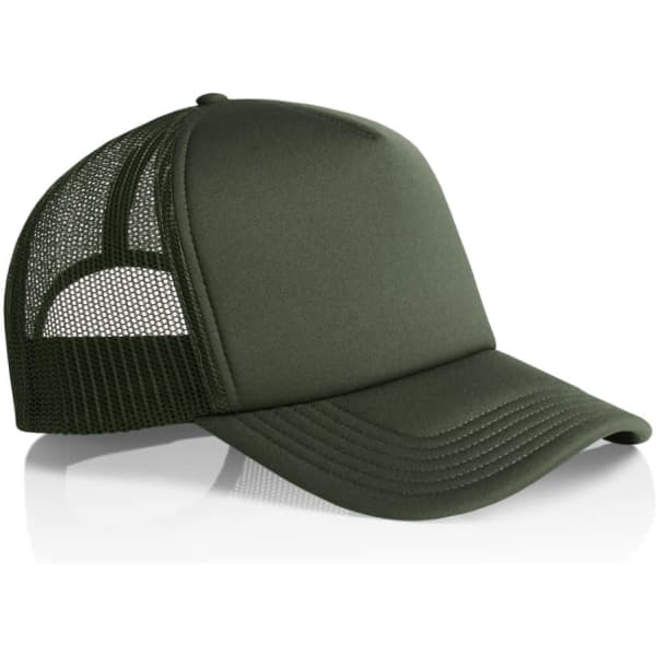 A green foam trucker cap with a mesh back and a curved brim, featuring a logo on the front.
