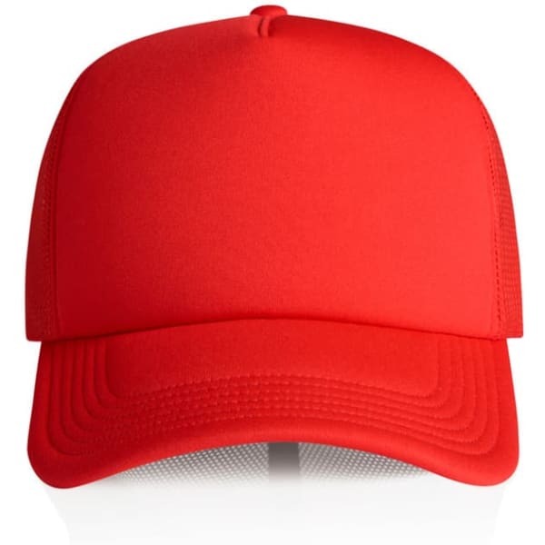 A red Frame Foam Trucker Cap with a structured front and mesh back, featuring a logo.