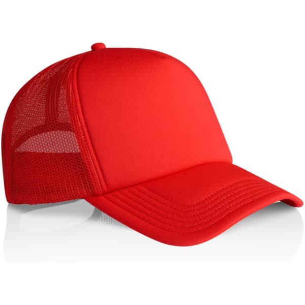 A red trucker cap featuring a solid front panel and mesh back, with a curved visor and a logo on the front.