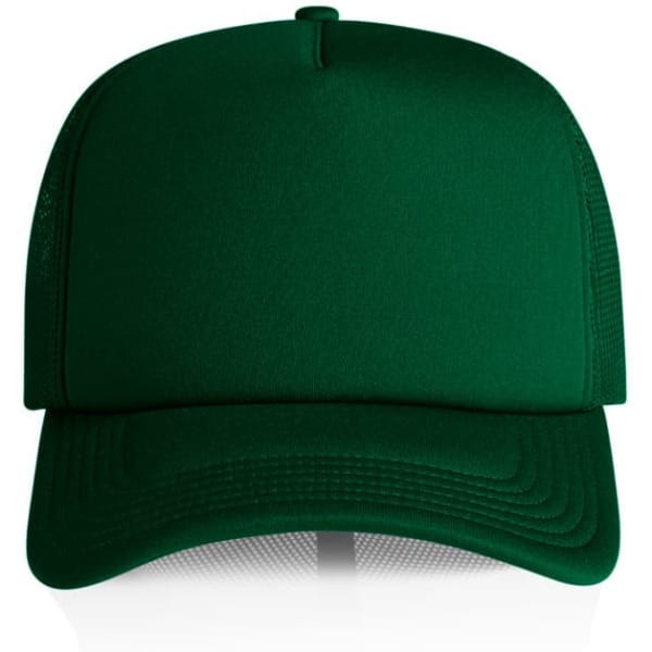 A green foam trucker cap with a structured front and mesh sides, featuring a logo on the front.