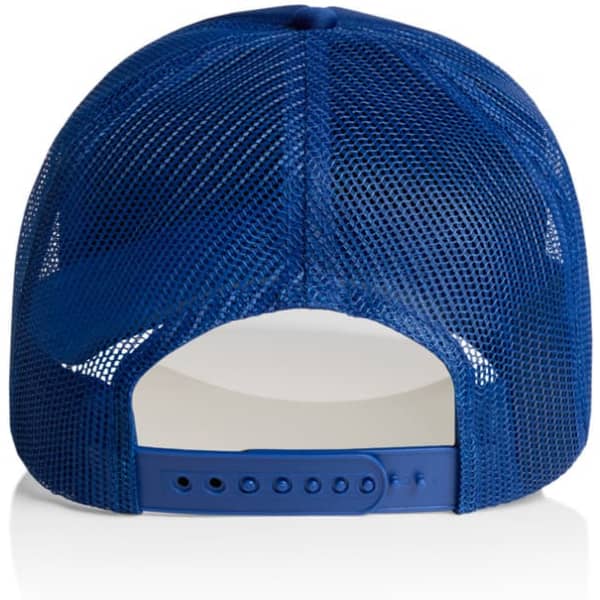A blue Frame Foam Trucker Cap with a mesh back and an adjustable snap closure.