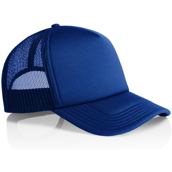 A blue foam trucker cap featuring a solid front and mesh back, with a logo displayed on one side.