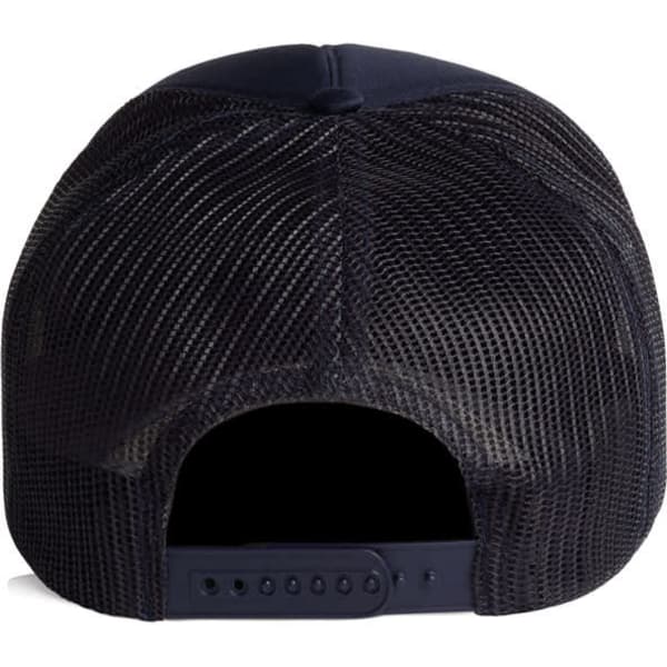 A black trucker cap featuring a mesh back and an adjustable strap. It includes a logo on the back.