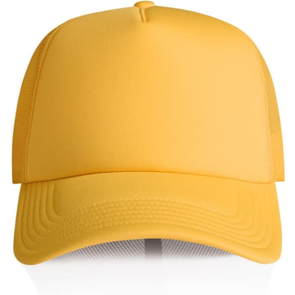 A yellow foam trucker cap with a mesh back and a structured front, featuring a logo.