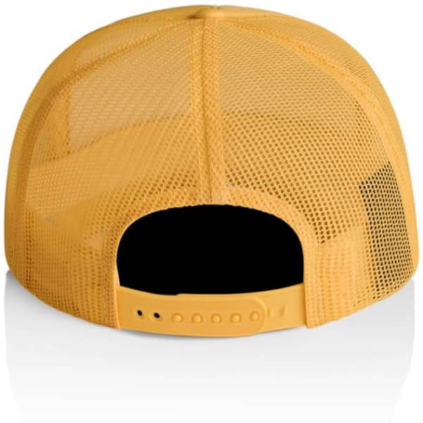 A yellow trucker cap featuring a mesh back and an adjustable strap for sizing. It includes a logo on the design.