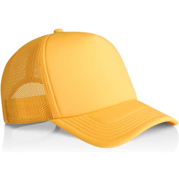 A yellow trucker cap featuring a solid front panel and mesh back, with an adjustable snap closure.