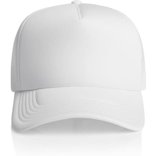 A white trucker cap featuring a textured finish and a logo on the front. Ideal for casual wear.