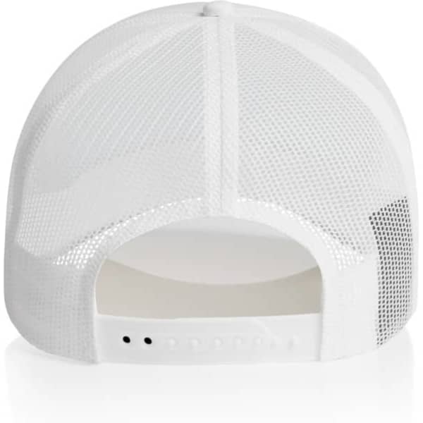 A white foam trucker cap featuring a mesh back and an adjustable strap. It includes a logo on the side.