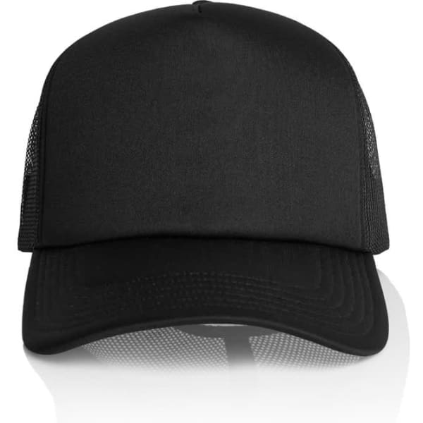 A black trucker cap with a solid front and mesh back, featuring a logo on the front.