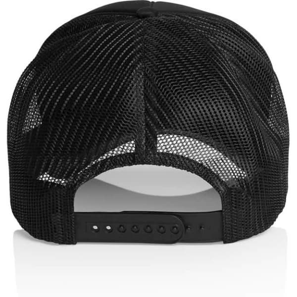 A black foam trucker cap with a mesh design at the back and an adjustable strap. It features a logo.