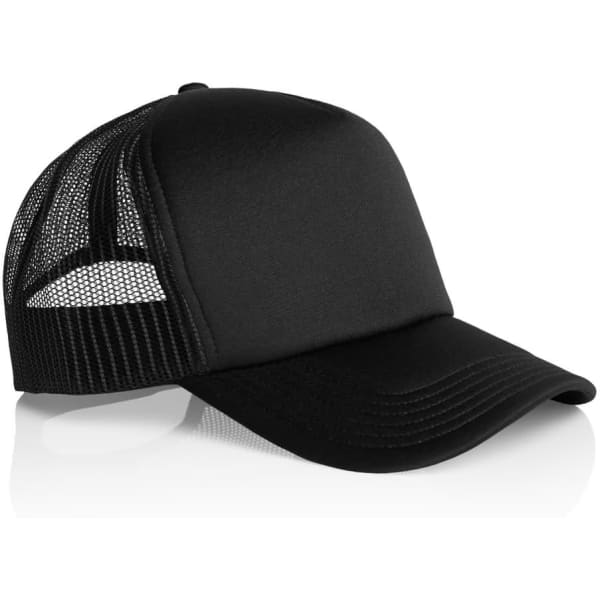 A black trucker cap with a mesh back and a solid front panel, featuring branding on the side.