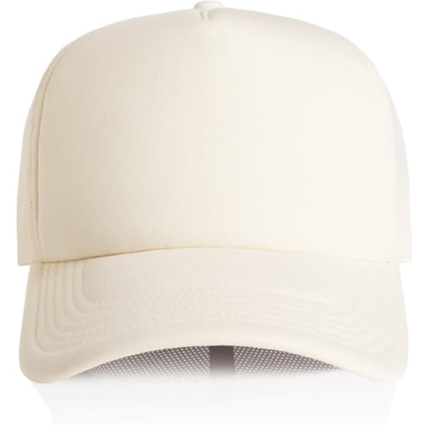 A cream-coloured foam trucker cap featuring a solid front and a mesh back, with a logo on the front.
