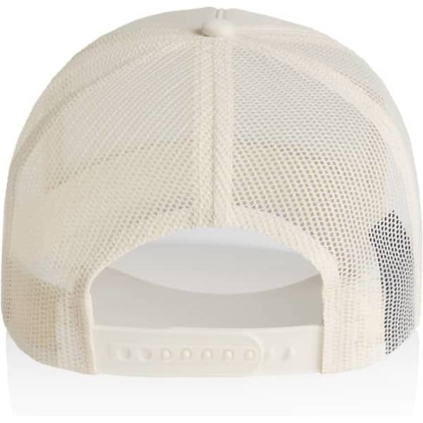 A cream-coloured trucker cap featuring a mesh back and an adjustable strap, with a logo on the side.